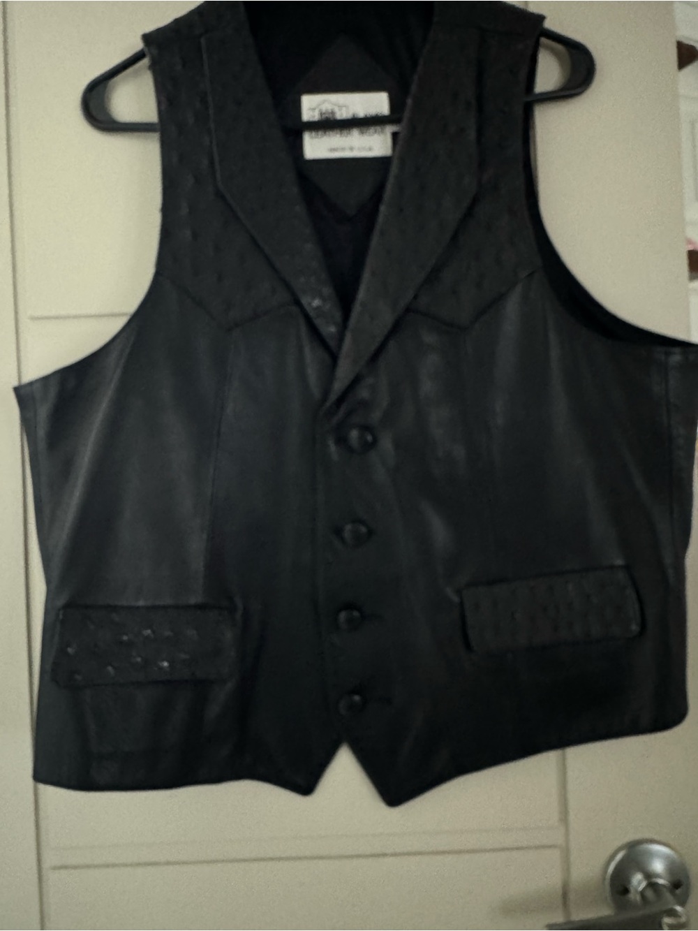 ALamo Learher Black Leather Vest with Textured Ostrich-Style Panels - Picture 12 of 12